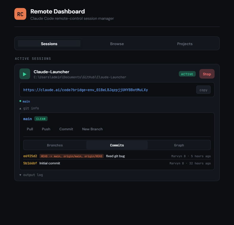 Git panel with branches and commit history